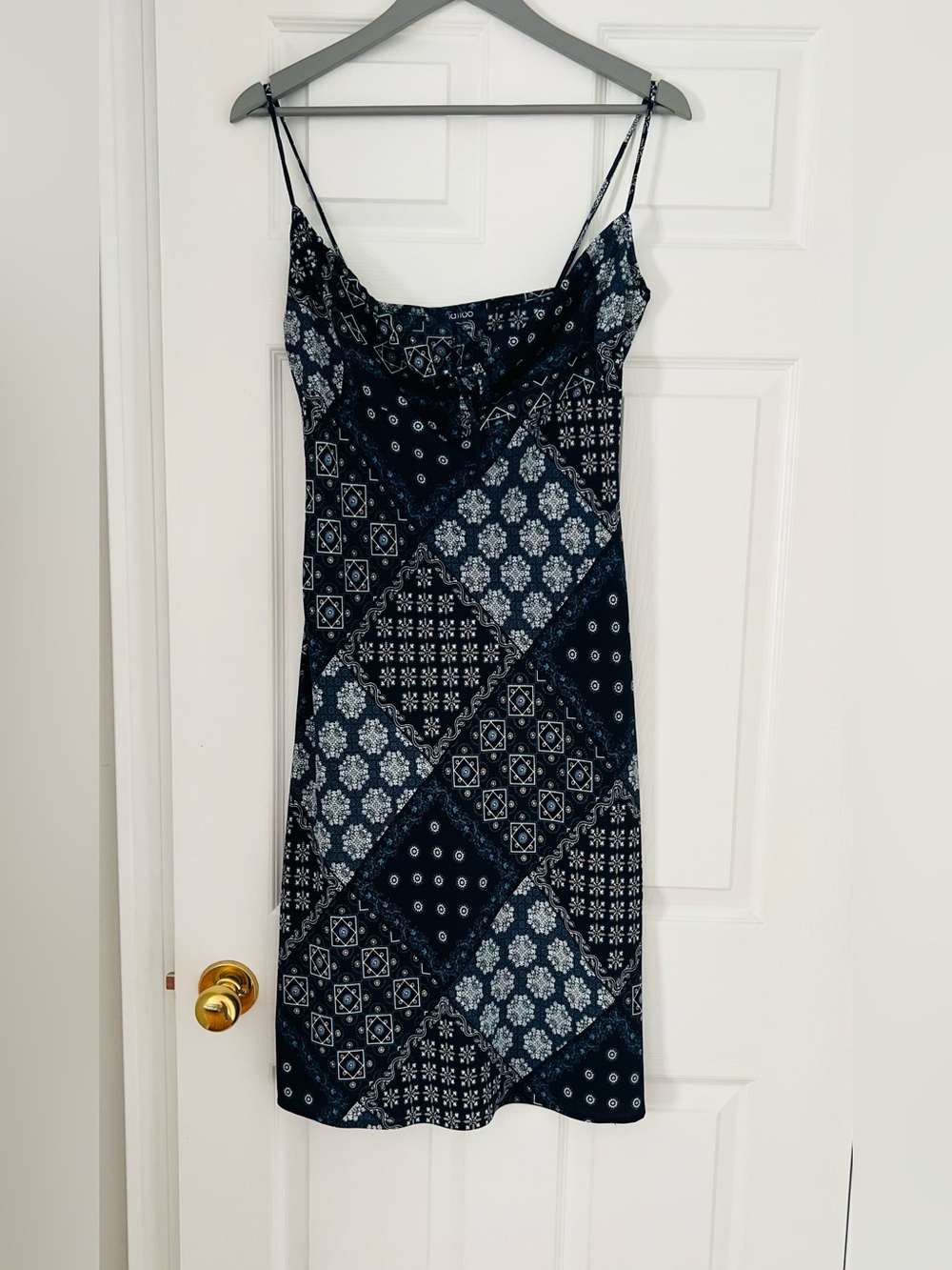 Navy Patchwork Print Midi Slip Dress